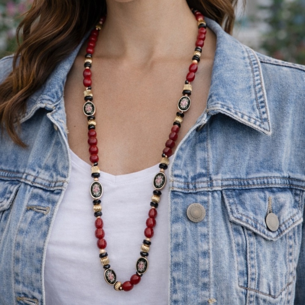 Vintage Red Black & Gold Bead Necklace